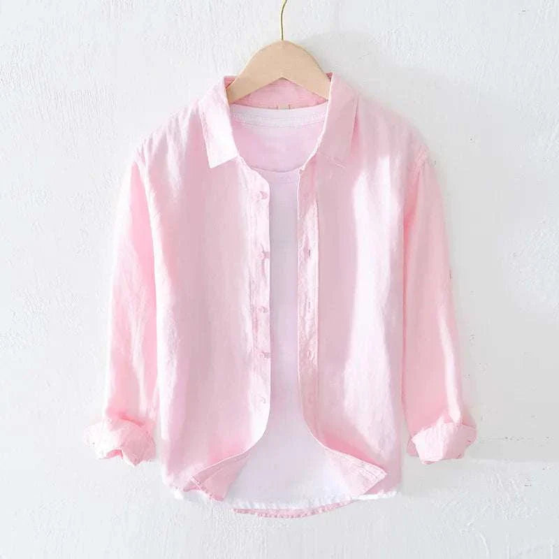 Italian pure linen long-sleeve shirt for men in light pink, casual and elegant for spring/summer.