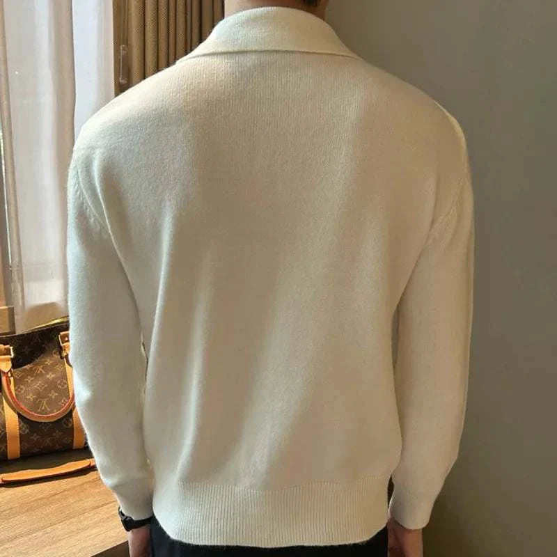 Business casual knitted cardigan for men in acrylic, back view.