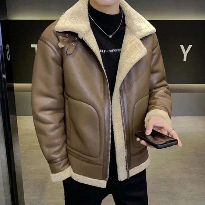 Men's Norway motor jacket in brown with shearling collar and cuffs, casual and stylish.