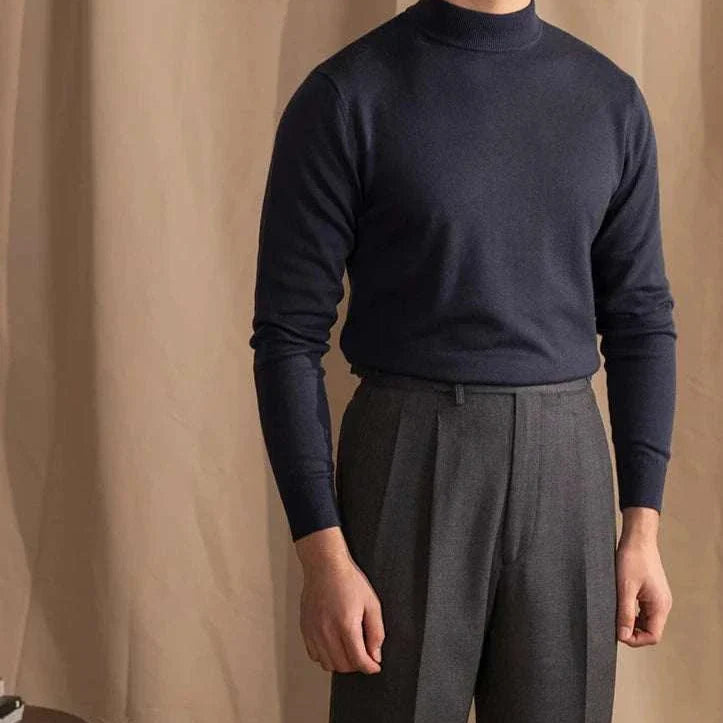 Antonios slim fit half-turtleneck sweater in navy blue, wool blend, for men, showcasing a sleek fit for versatile styling.