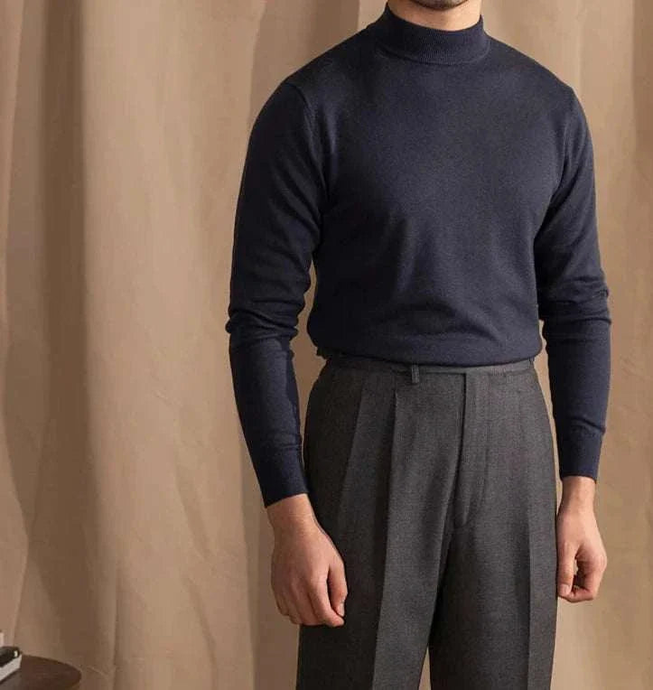 Antonios slim fit half-turtleneck sweater in navy blue, wool blend, for men, showcasing a sleek fit for versatile styling.