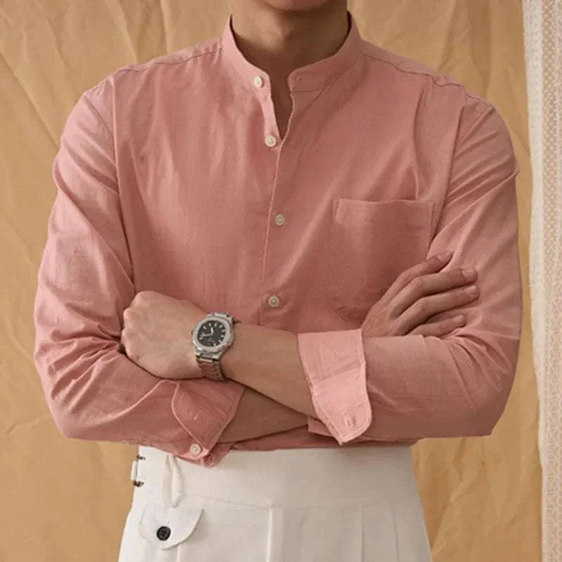 Antonios cotton-linen long sleeve shirt for men in pink, showcasing comfortable and stylish design.