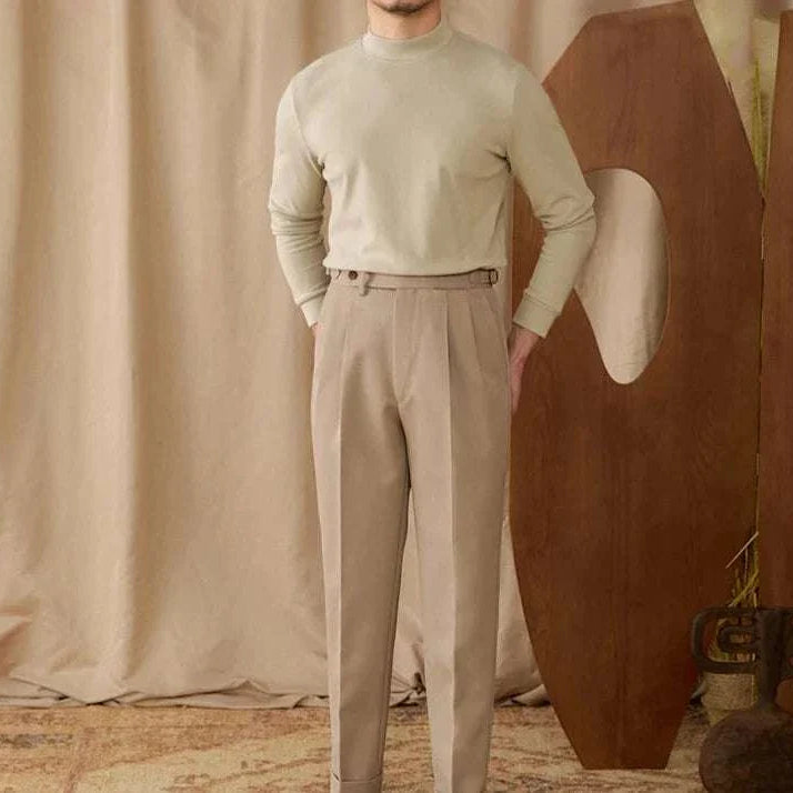 Soft half turtleneck sweater for men in beige, made of durable polyester, ideal for chilly days.