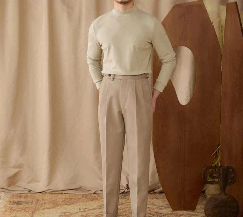 Soft half turtleneck sweater for men in beige, made of durable polyester, ideal for chilly days.
