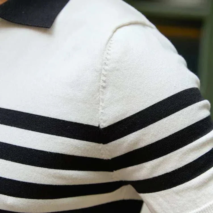 Office polo collar t-shirt with black and white stripes, smart casual style.