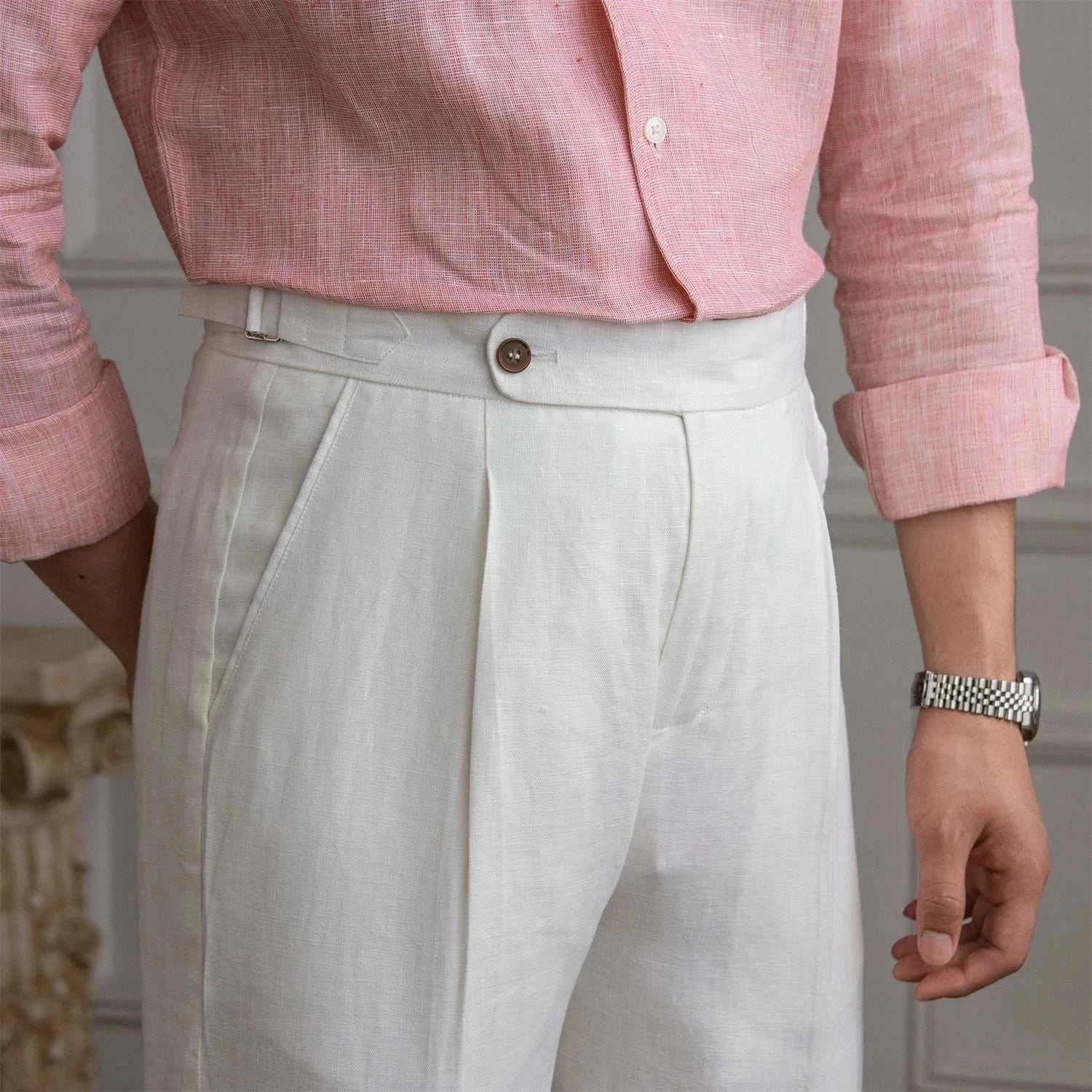 Lightweight Italian high-waist linen trousers for men in solid white, ideal for casual or smart casual wear.