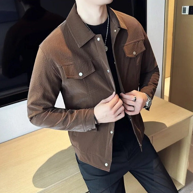 Men's CLASSY jacket in coffee color, eco-leather material, stylish and durable.