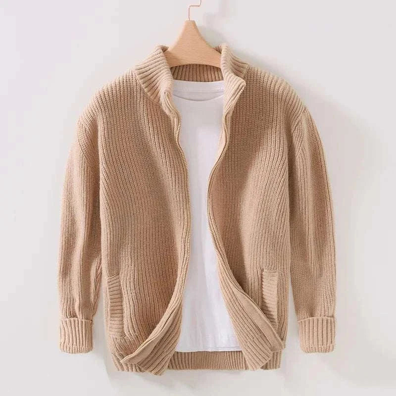 Men's beige autumn stand collar zipper jacket on hanger.