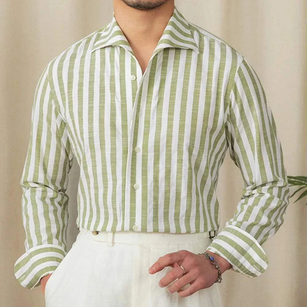 Business striped white summer shirt for men, casual elegant attire with cotton-poly blend.