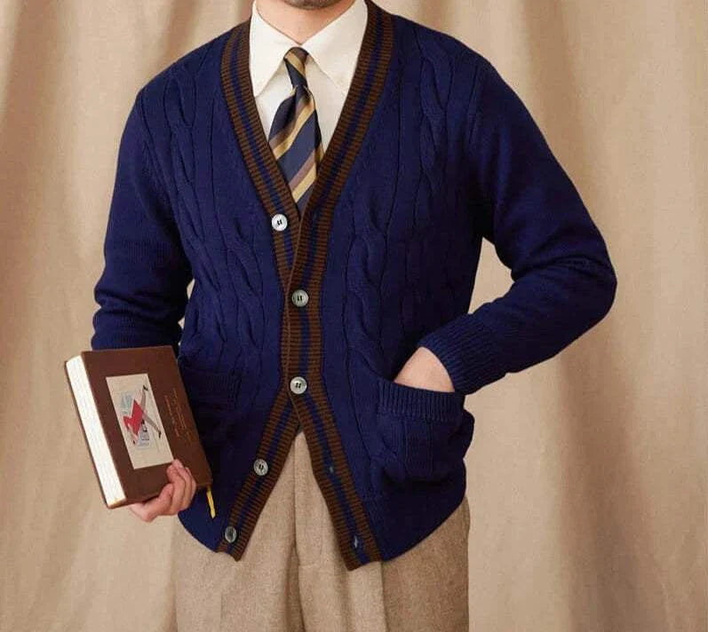 Antonios twisted knit cardigan in Italian vintage style with a navy and brown striped design.