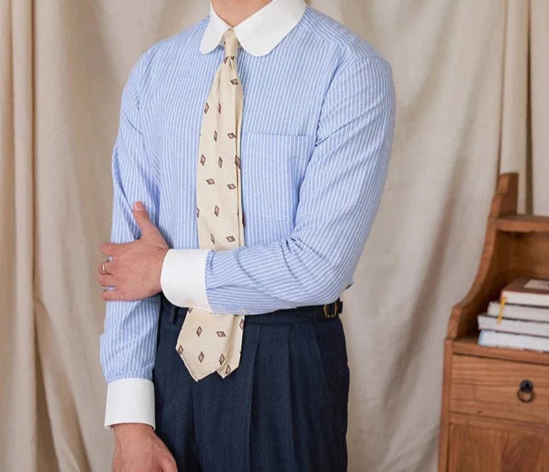 Antonios striped cotton business shirt for men, blue and white, long-sleeved with white collar and cuffs.