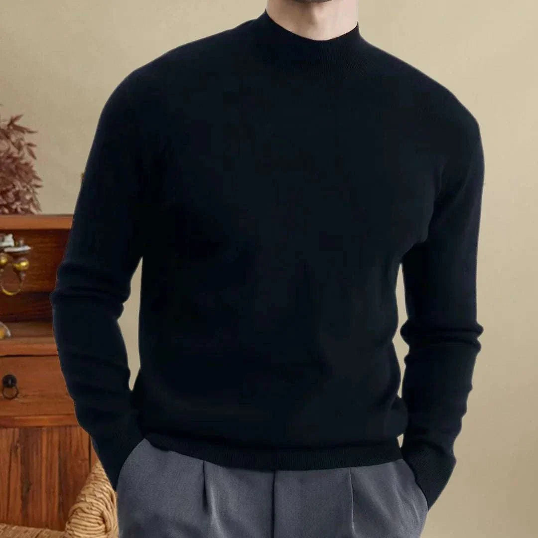Men's social style autumn sweater, cozy black wool blend pullover, perfect for fall fashion.