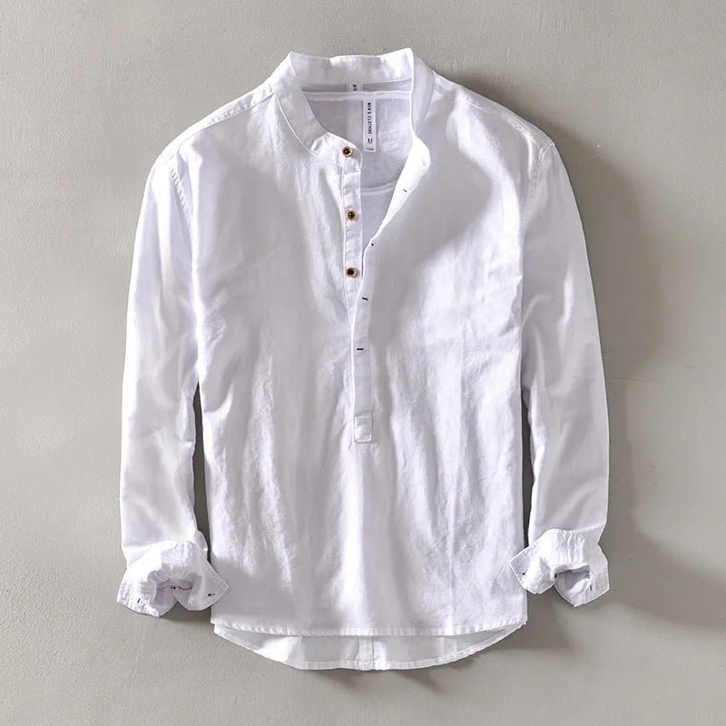Casual long-sleeve white cotton beach vacation top for men.