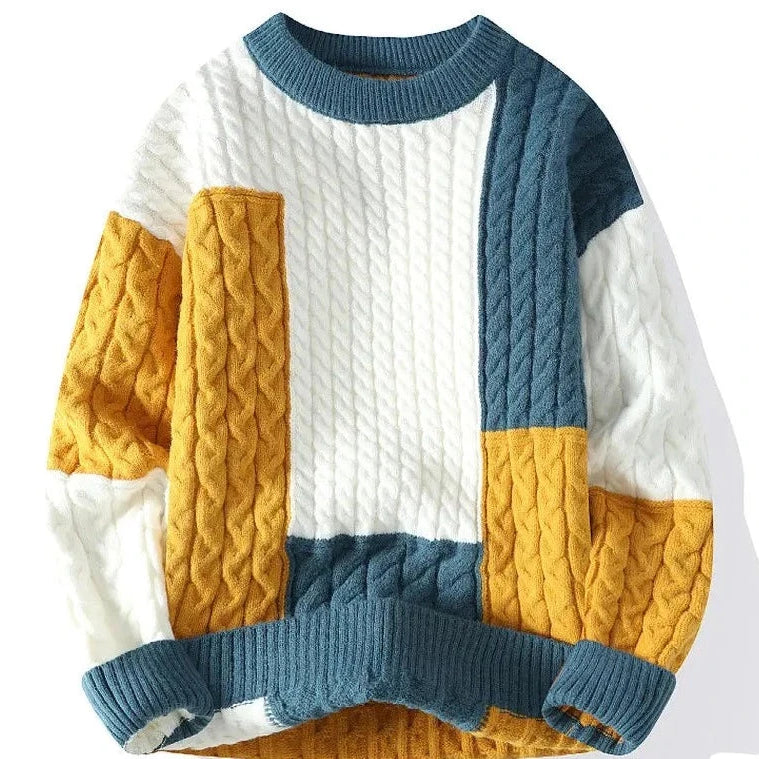 Norway neck sweater with color block design, made of wool and polyester, casual and elegant style for all seasons.