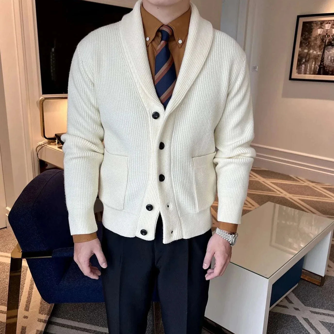 Men's white fall season casual cardigan, stylish and warm for autumn nights.