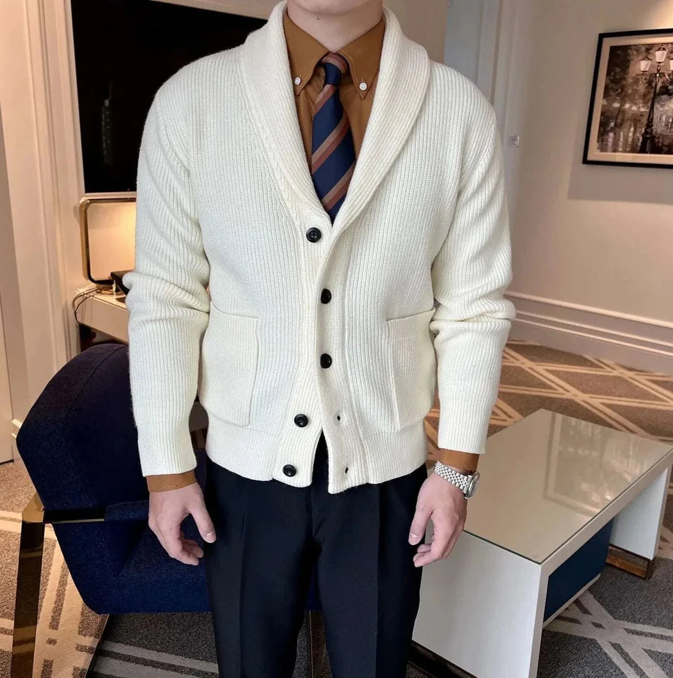 Men's white fall season casual cardigan, stylish and warm for autumn nights.