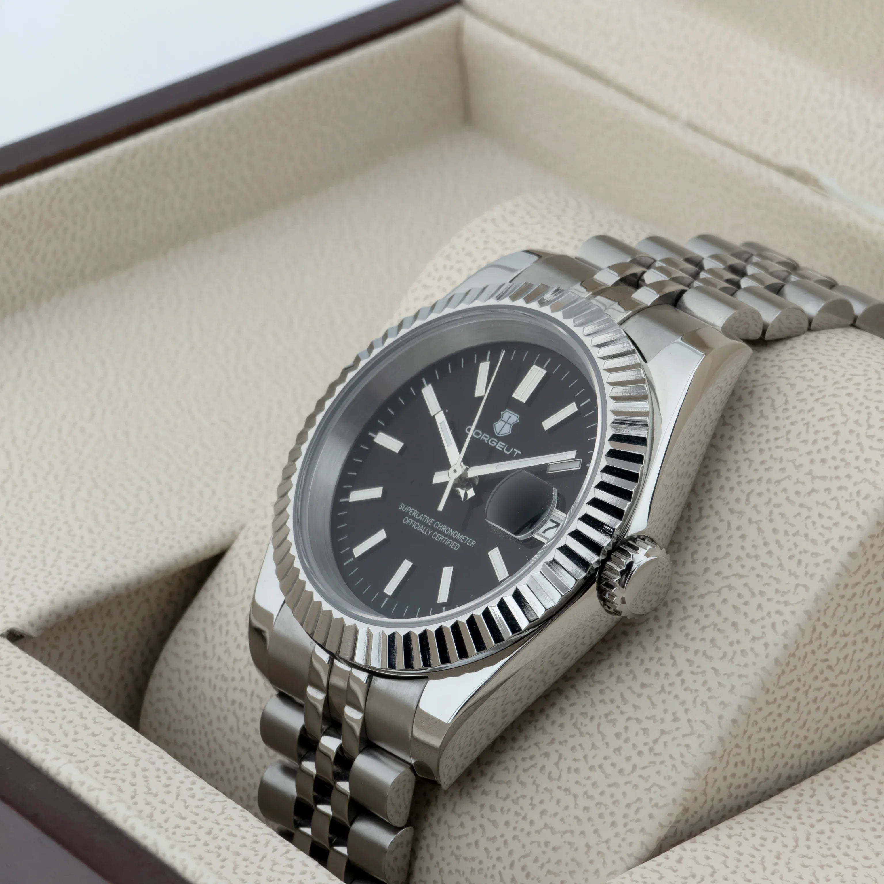 Luxury watch with stainless steel band and case, black dial, 20-24 mm band width, 35-39 mm dial diameter, 10Bar water resistance.