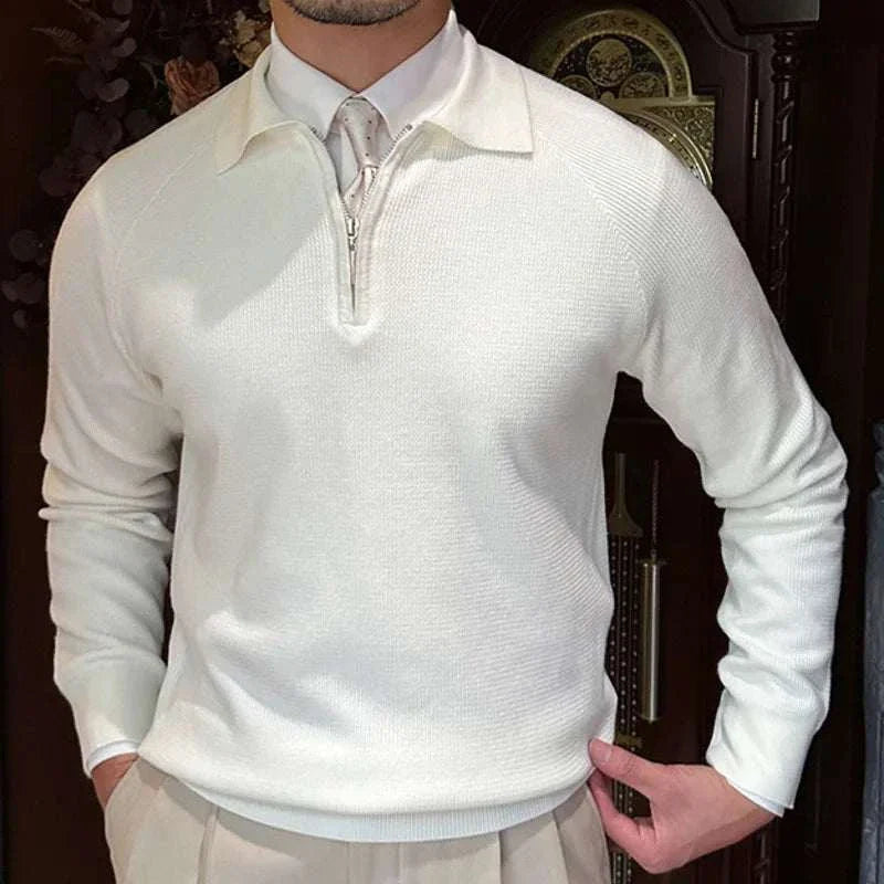 Oxford zipper sweater in white, featuring a solid pattern, designed for men; casual and elegant style.