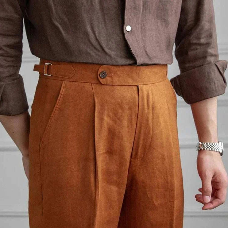 Lightweight Italian high-waist trousers in solid linen, ideal for casual or smart casual wear.