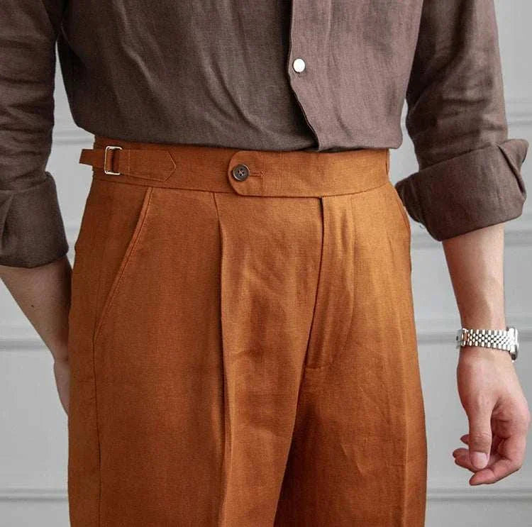 Lightweight Italian high-waist trousers in solid linen, ideal for casual or smart casual wear.
