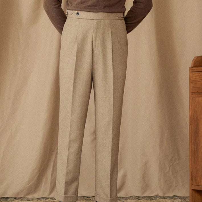Wool winter Italian trousers in beige, tailored fit, luxurious polyester-cotton blend.