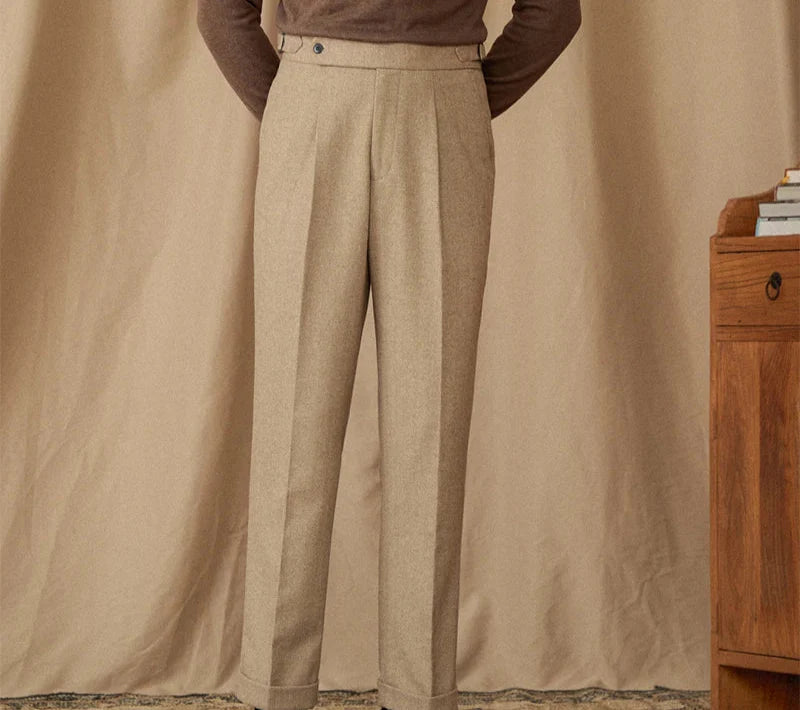 Wool winter Italian trousers in beige, tailored fit, luxurious polyester-cotton blend.