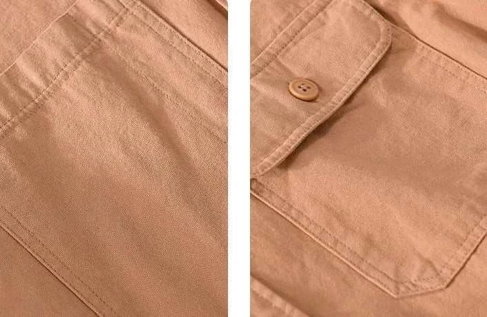 Close-up of premium short sleeve summer shirt fabric and button detail.