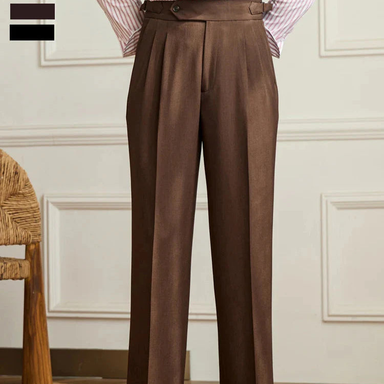 Casual wide-leg high-waist Italian pants in brown, crafted from polyester and spandex, for men.