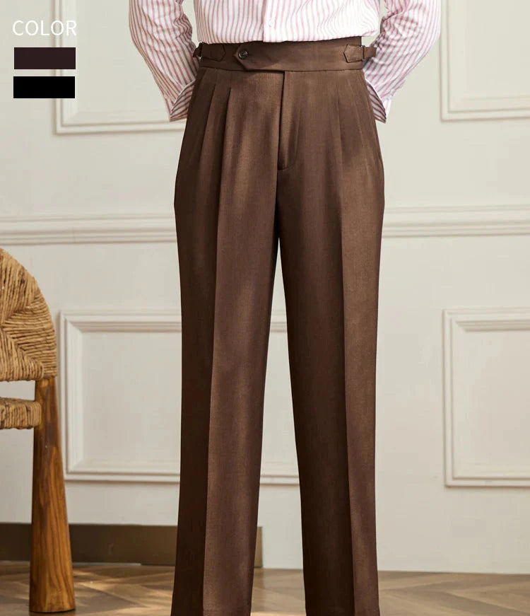 Casual wide-leg high-waist Italian pants in brown, crafted from polyester and spandex, for men.