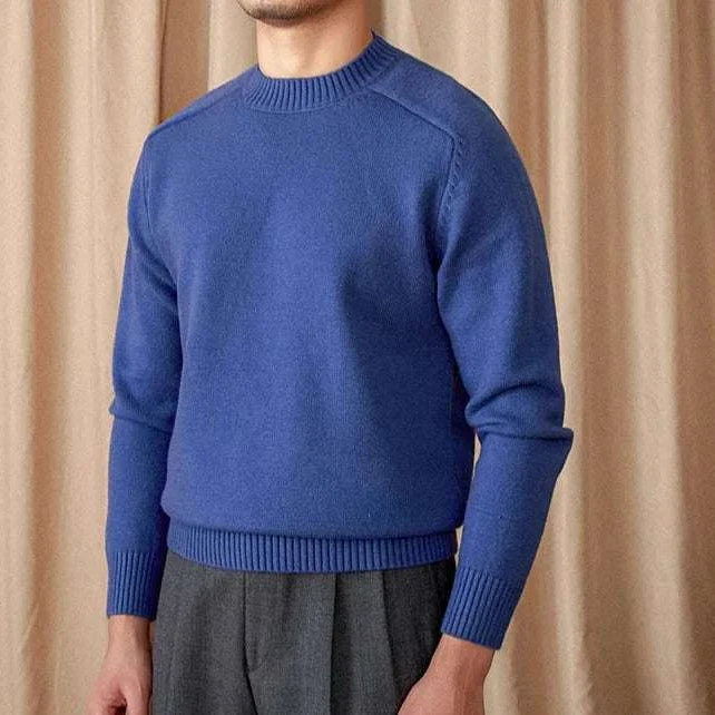 Japanese casual winter sweater for men in blue, cotton-wool blend, cozy fit.