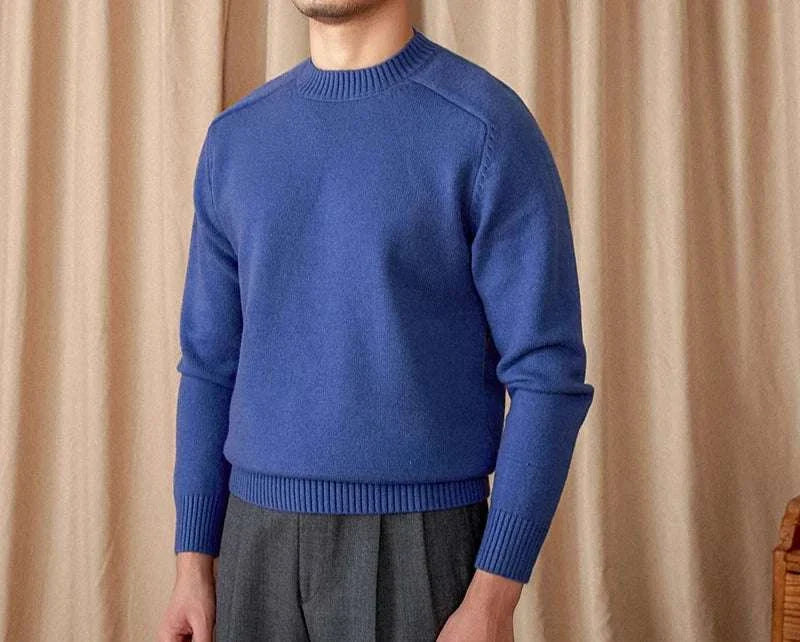Japanese casual winter sweater for men in blue, cotton-wool blend, cozy fit.