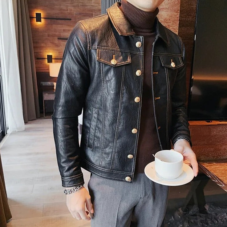 Men's black ECO leather jacket, casual elegant style, solid pattern.