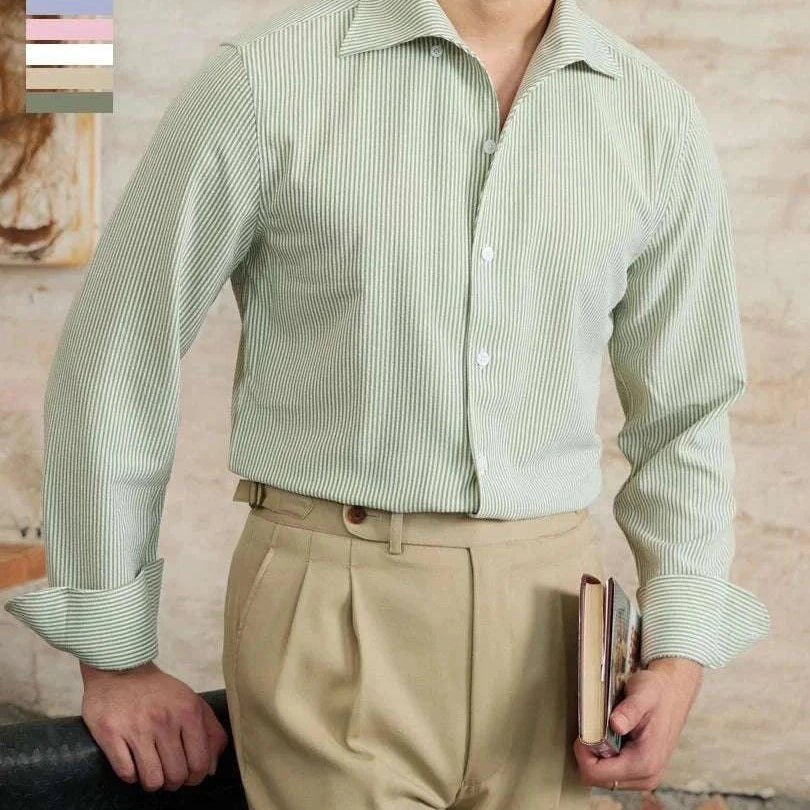 Vintage Italian long sleeve shirt for men in green stripes, breathable cotton.