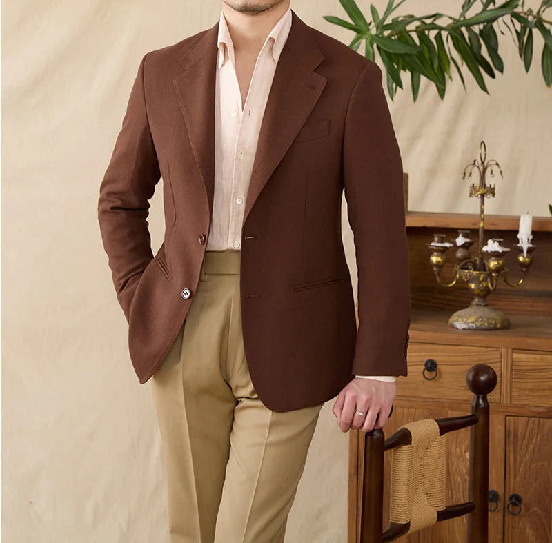 Men's business linen relaxation jacket in brown with a comfortable polyester material, perfect for stylish winter wear.