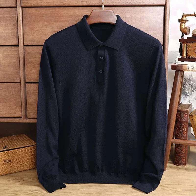 Antonios wool polo sweater for men in navy blue, made from cotton and wool blend, perfect for chilly weather.