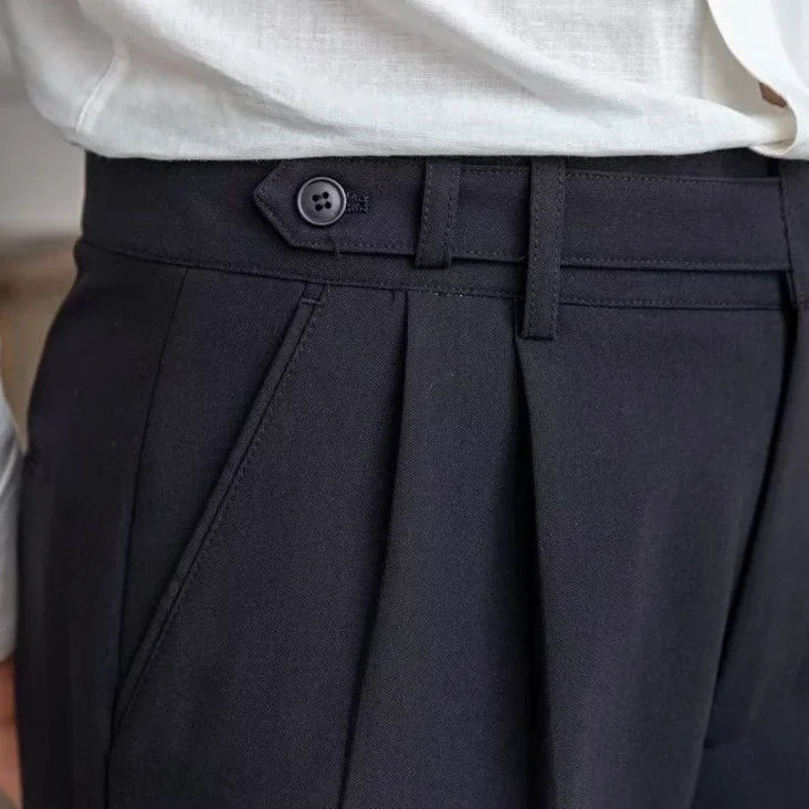 Antonios draped suit pants showcasing Korean-inspired elegance and smart casual style.