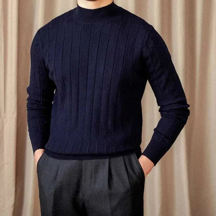 Men's autumn turtleneck premium sweater in navy, made of wool and acrylic.