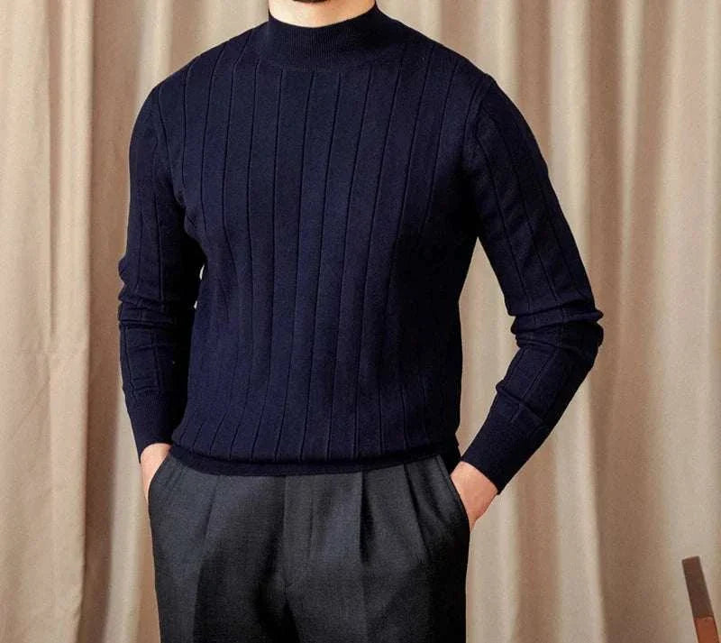 Men's autumn turtleneck premium sweater in navy, made of wool and acrylic.
