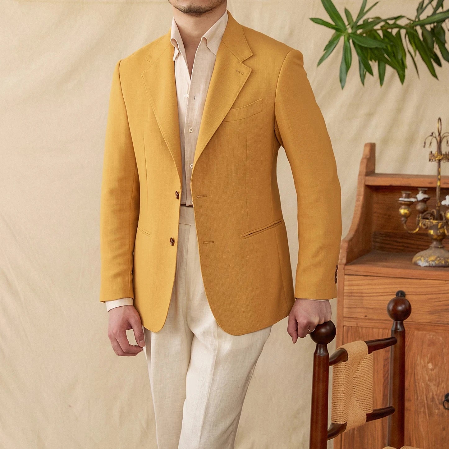 Business linen relaxation jacket in mustard color for men, ideal for winter comfort and style.