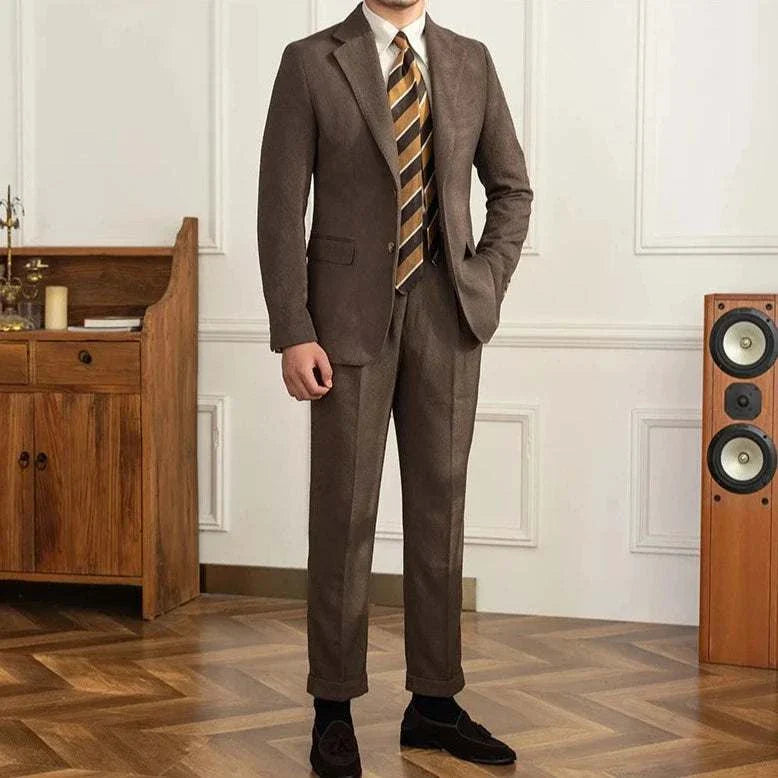 Wedding 2 piece premium suit in elegant tailored fit displayed in a stylish room setting.