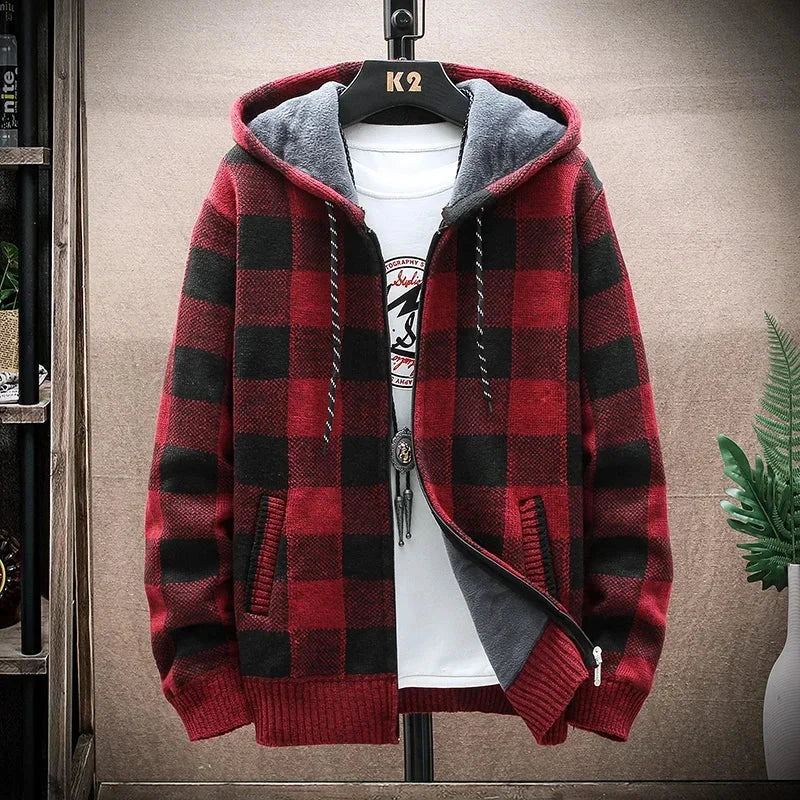 LUXELY plaid jacket for men, casual cotton and wool blend, red and black checkered pattern.