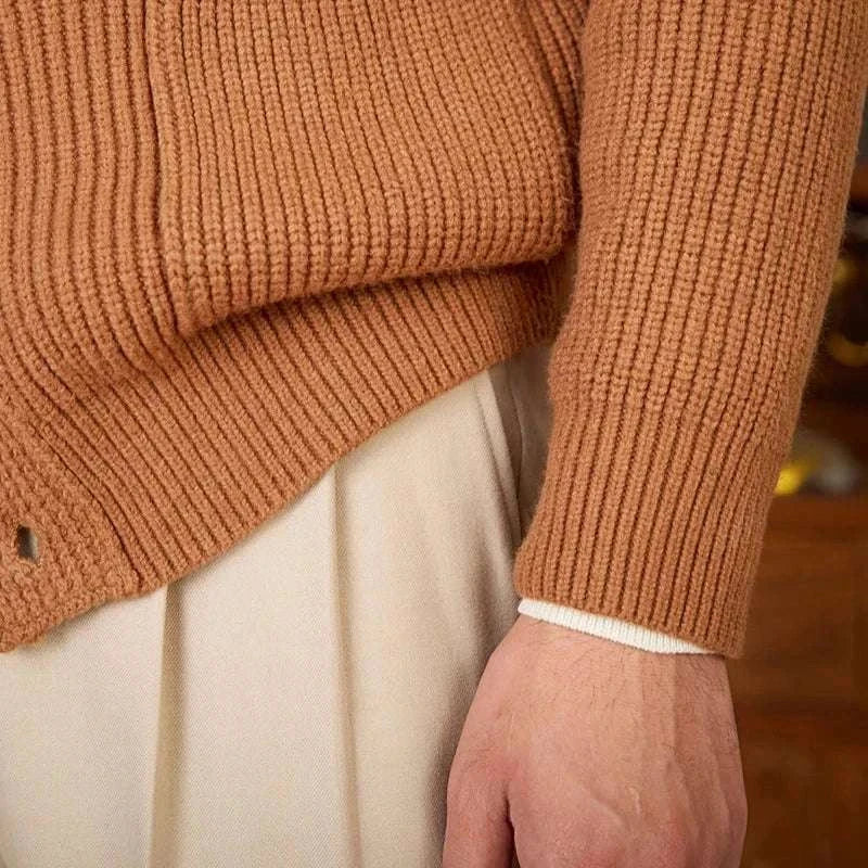 Close-up of a brown wool Autumn old money cardigan for men.
