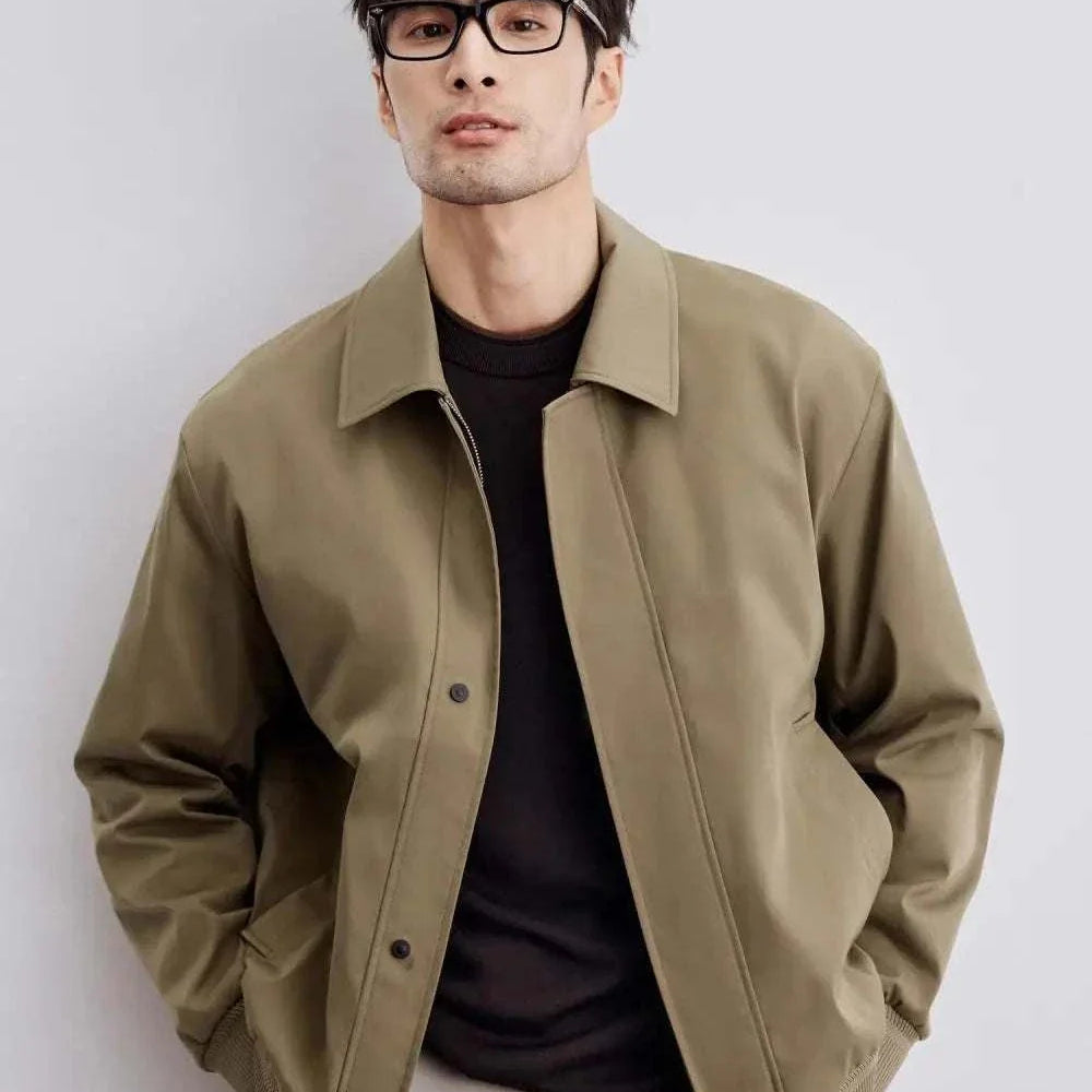 Korean bomber winter jacket in olive green, stylish and cozy for men's winter fashion.