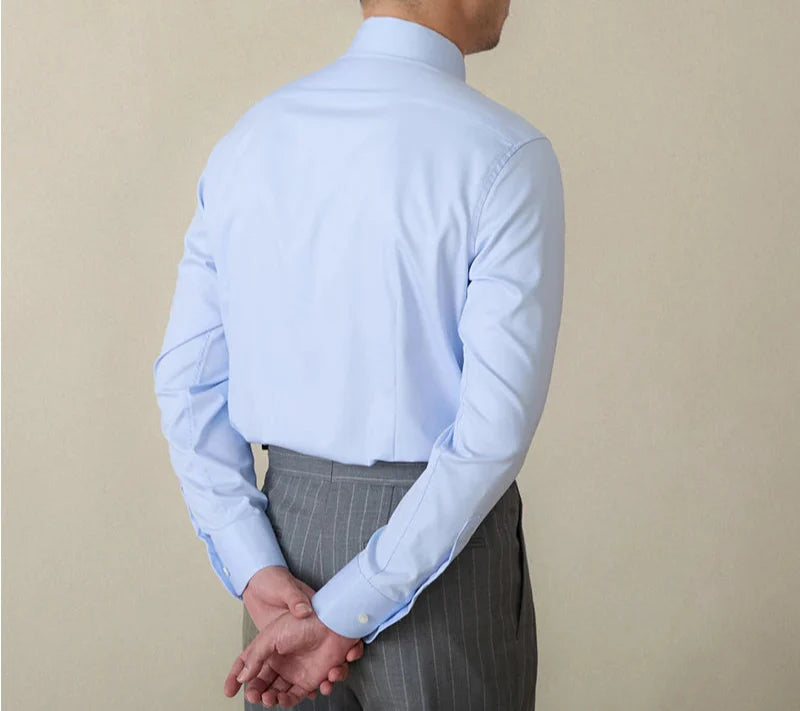 Italian style old money shirt in blue, long sleeve, elegant design.