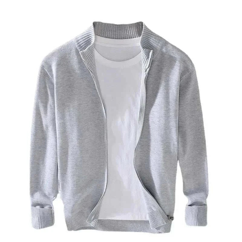 Smart casual cardigan for men, 100% cotton, light grey, perfect for all seasons.