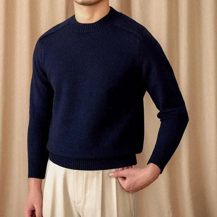 Japanese casual winter sweater for men in navy blue, cotton and wool blend.