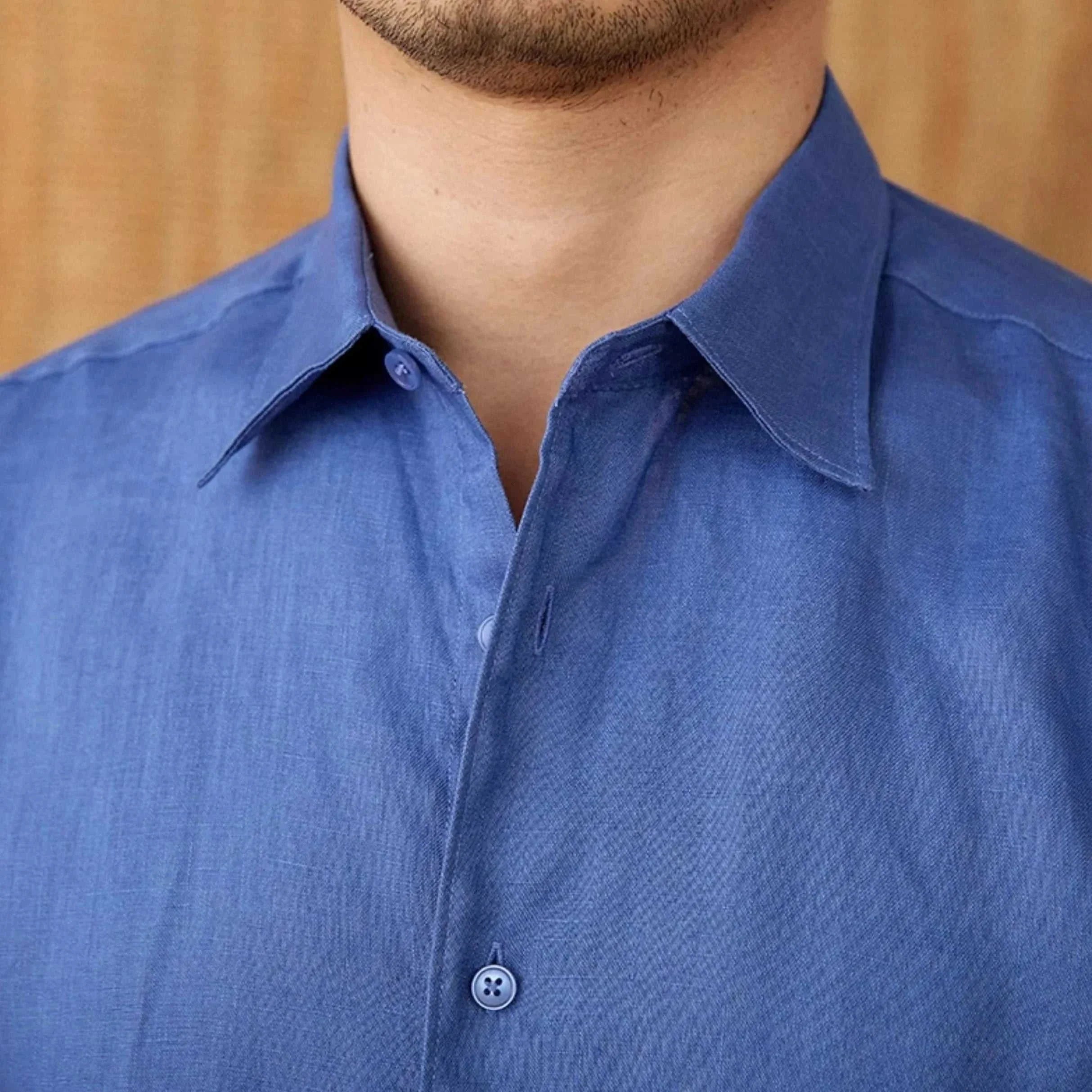 Relaxed fit casual long sleeve linen shirt in blue.