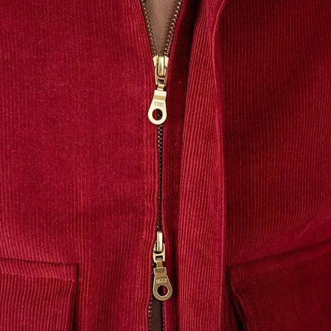Pure cotton bomber jacket in red with zip closure detail.