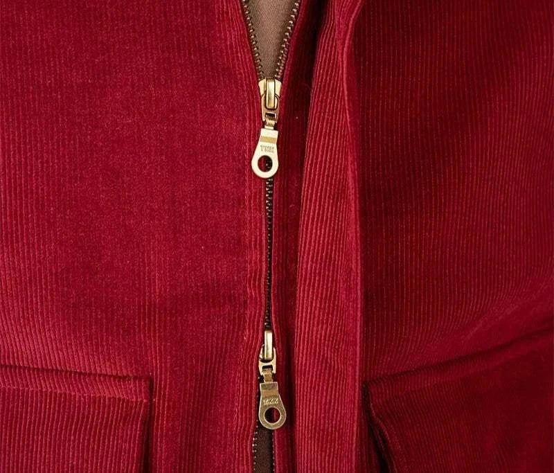 Pure cotton bomber jacket in red with zip closure detail.