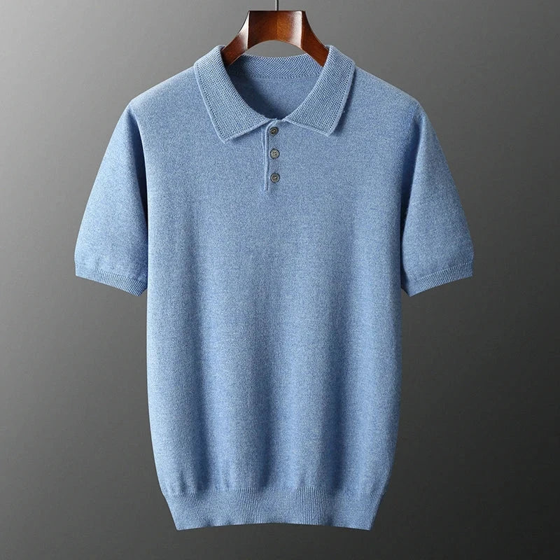 Cashmere Italian design polo t-shirt for men in soft blue.